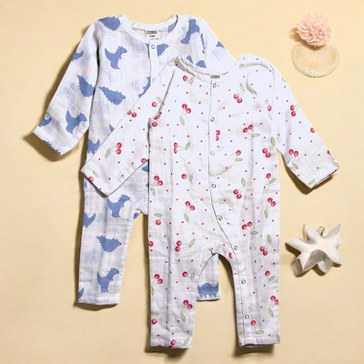 Organic Cotton Muslin Snap Up Rompers -Combo of 2