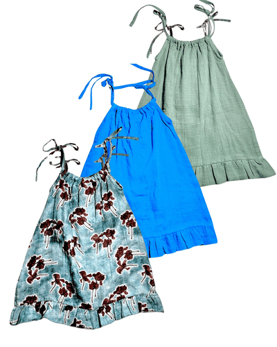 Organic Cotton Muslin Camisole Dress/ Girls Jhabla Set - English Colours Set of Three