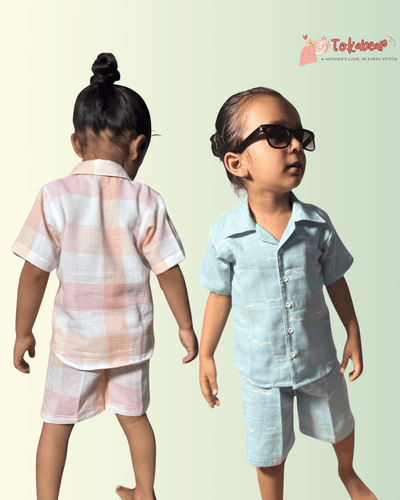 Peachy Checks + Cosmic Blue Dreams – Unisex Muslin Co-ord Combo (Set of 2)