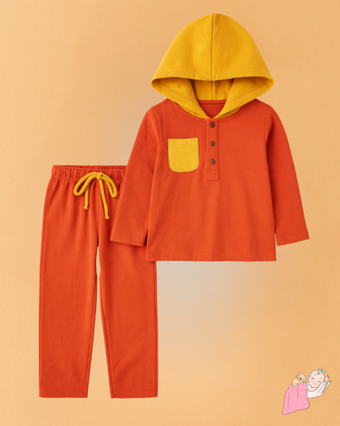 Premium Muslin | 100% Organic | Cotton | Winters | Hood | Jhabla Set | Coord | Top + Bottoms | 4-Layers | Orange