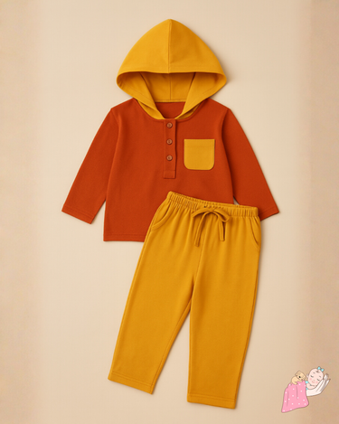 Premium Muslin | 100% Organic | Cotton | Winters | Hood | Jhabla Set | Coord | Top + Bottoms | 4-Layers | Orange + Lemon Yellow