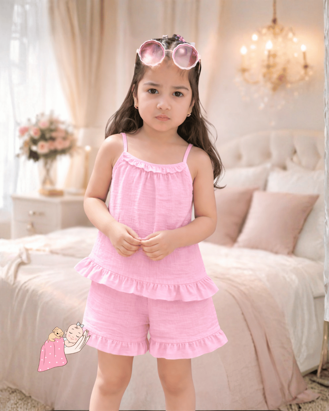 Premium Organic Muslin Sleep Shorts Set | Strap Sleeves | Camisole | Night Suit | Jhabla | Girls | Solid Colours | Hypoallergenic | Soft & Breathable Mulmul Cotton Nightwear (0–12 Years)