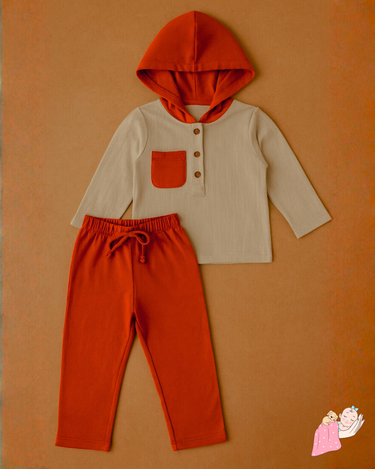 Premium Muslin | 100% Organic | Cotton | Winters | Hood | Jhabla Set | Coord | Top + Bottoms | 4-Layers | Beige + Orange