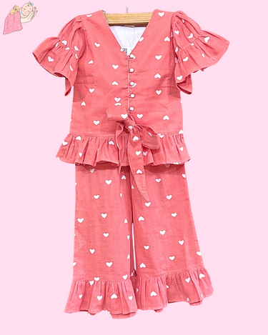 Organic Cotton Muslin Ruffled Co-ord Set for Girls - Blush of Hearts