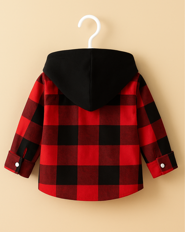 Flannel Plaid Shirt for Kids – Corduroy Hood with Button Pocket in Red & Black