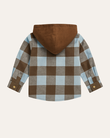 Flannel Plaid Shirt for Kids – Corduroy Hood with Button Pocket in Blue & Brown