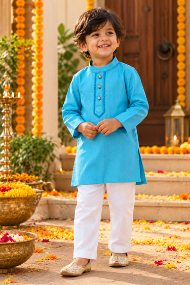 Linen Cotton Embroidered Kurta - Blue