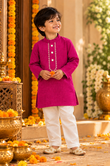Linen Cotton Embroidered Kurta - Wine