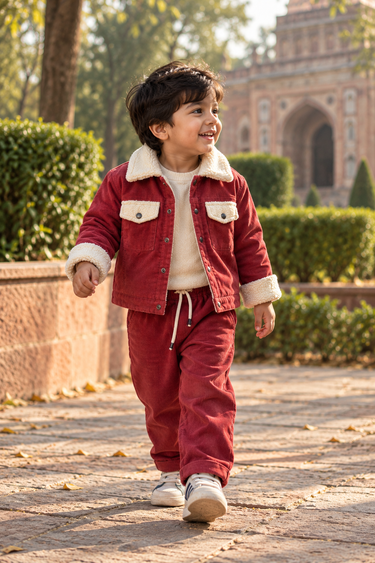 Cotton Corduroy & Sherpa Fur Shacket Set for Kids – Berry Rose