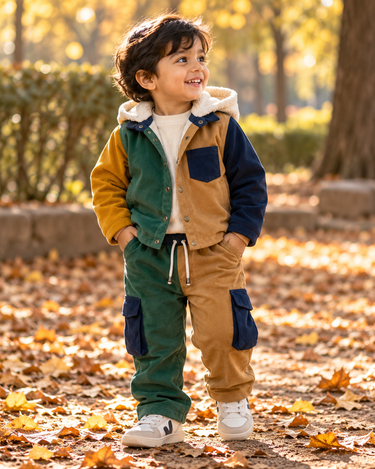 Corduroy Shacket & Pant Set for Kids – Colour Block with Detachable Hoodie