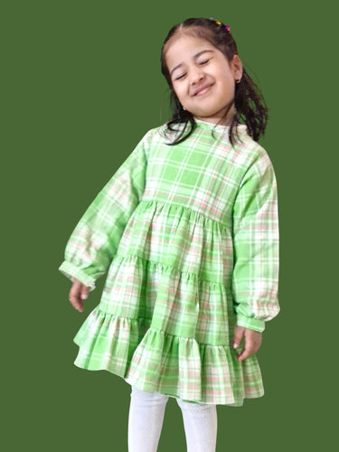 Cotton Flannel Plaid Dress for Girls – Layered Button Down with Snap Buttons in Light Green