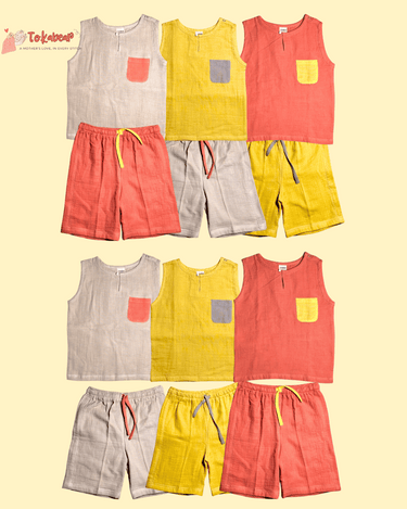 Organic Cotton Muslin Unisex Colourblocked Jhabla Sets with Patched Pockets