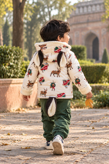 Cotton Flannel Winter Jacket for Kids – Unisex with Sherpa Fur & Reindeer Appliques