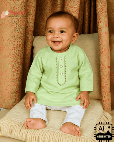 Linen Cotton Embroidered Kurta with Muslin Pajama - Green